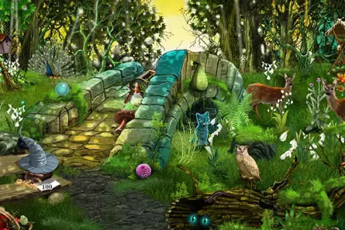 mystisches Wimmelbild im Wald mit Katze, Hexenhut und Waldtieren